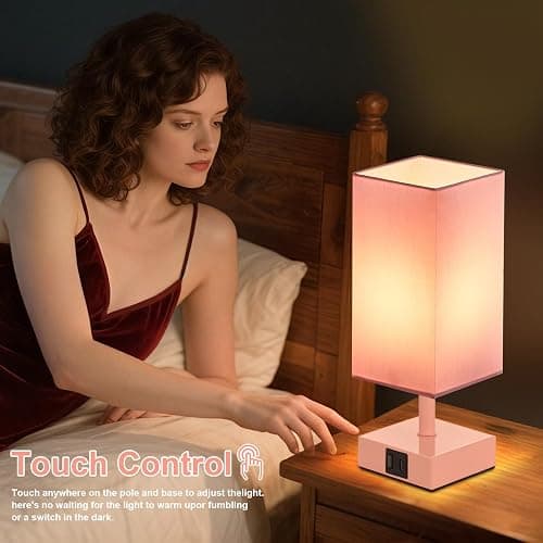 Ambimall Touch Control Table Lamp with USB A+C Charging Ports - 3 Way Touch Lamps Bedside, Nightstand Lamp for Bedrooms, LED Bulb Included(Pink Shade & Pink Base) thumbnail 6