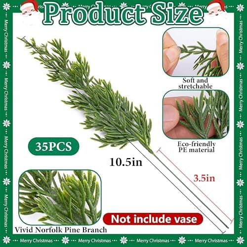 Watayo 45 Pcs Christmas Artificial Pine Branches with Red Berry Stems, 10.5" Faux Evergreen Norfolk Pine Cypress Leaves Stems, Fake Foliage Pine Needles Picks for DIY Craft Garland Home Decor thumbnail 3