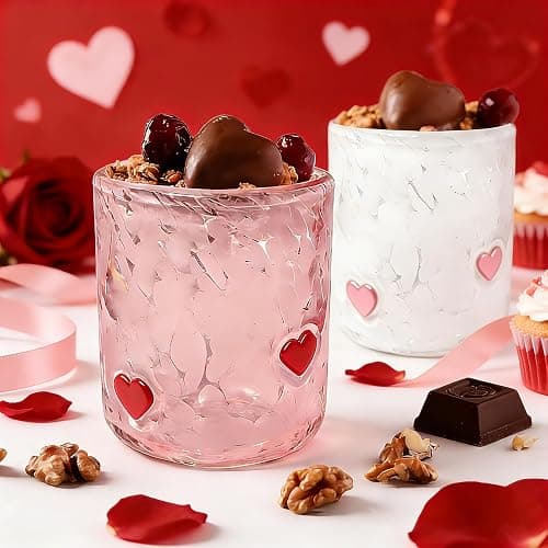 YinNorth 2 Pcs Valentine Icon Juice Glass 14oz Heart Drinking Cocktails Glasses Cute Pink White Stemless Wine Glasses Handblown Old Fashioned Couple Cups for Her Wife Women Birthday Lovely Gifts thumbnail 5