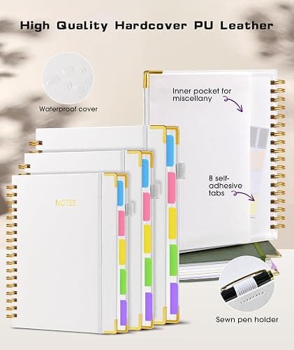 Hardcover Spiral Notebook Journal with Removable Dividers Tabs, 300 Pages Leather 5 Subject Notebook College Ruled, 8"x10" Large B5 Notebooks for Work School Note taking, Lined Journal for Women, White thumbnail 3