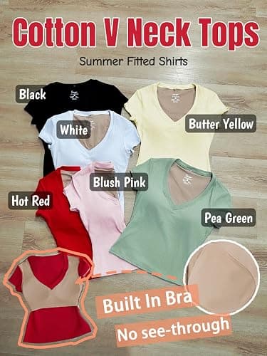 Danysu Nude Built in Bra Cotton V Neck Short Sleeve T Shirt No See Through Stretchy Fitted Basic Tops Summer Going Out Tee thumbnail 5