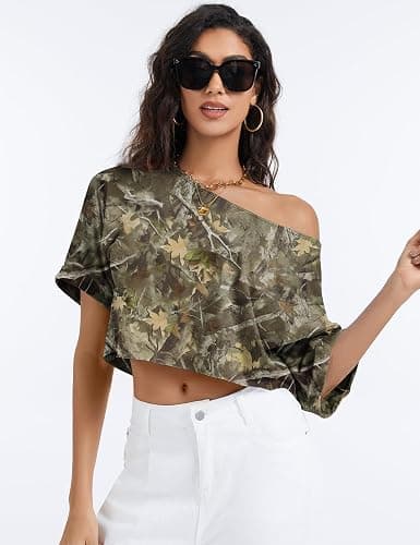 Kistore Off The Shoulder Tops for Women Going Out Short Sleeve Crop Top Boat Neck Loose T Shirt thumbnail 4