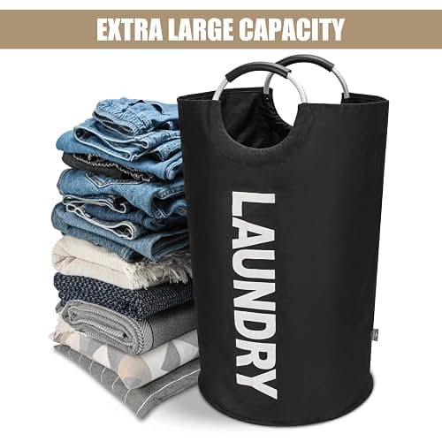 DOKEHOM 90L Large Laundry Basket Bag, Collapsible Tall Hamper, Black | Freestanding tall washing bin & foldable laundry bag. High-capacity clothes storage basket with durable sturdy handles thumbnail 6