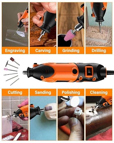 Akdomart Multiherramienta, 200W mini amoladora eléctrica, Herramienta Rotativa con 135 accesorios, 6 velocidades ajustables, 8000-35000 rpm, para grabar, taladrar, cortar, esmerilar thumbnail 6