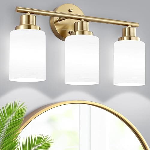 Guliaofo 3-Light Bathroom Light Fixtures, Vanity Lights for Mirror with Textured Milky White Glass Shade, Modern Kitchen Light Fixtures Wall Sconce Light - E26 Base - Brushed Gold - Image 1