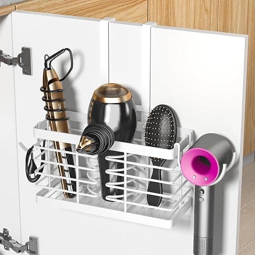 Sevenblue Hair Tool Organizer, 3-in-1 Universal Hair Dryer Holder, Adjustable Height Metal Blow Dryer Holder Wall Mounted/Over Cabinet Door/Free-Standing, Bathroom Organizer and Storage(White) - Image 1