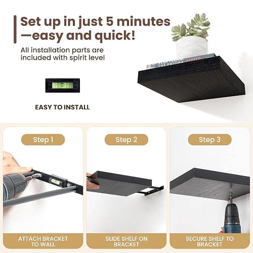 Fun Memories Floating Shelves for Wall - 12 Inch Square Shelves with Invisible Brackets, Black Small Wall Shelf for Living Room, Bathroom, Bedroom, and Kitchen Decor，Set of 4 thumbnail 6