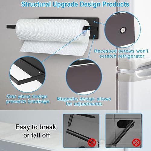 Paper Towel Holder, Magnetic Paper Towel Holder for Fridge, Toilet Paper Roll Holder Magnet Towel Rack Wall Mount Fridge Organizer for Paper Towels Rolls Bathroom Pantry RV Kitchen Storage - Black - 1 thumbnail 7