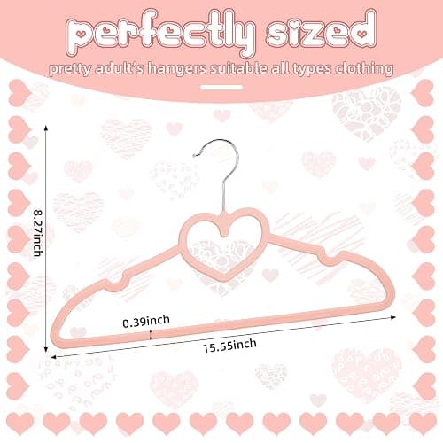 Qunclay 50 Pcs Rose Pink Velvet Heart Hangers, Non-slip Felt Clothes, Heavy Duty Sturdy Heart Clothes Coat Hanger, Cute Kawaii Room Decor for Adult Women, Space Saving No Hanger Mark, 360° Swivel Hook thumbnail 3