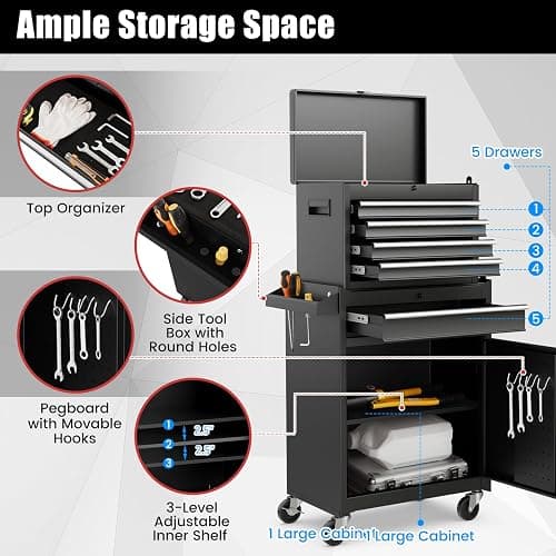Goplus Tool Chest, 5 Drawers Rolling Tool Cabinet with Detachable Top Toolbox, Universal Lockable Wheels, Lock Bar, Protective Liner & Tool Rack, Metal Tool Storage Cart, Tool Box for Garage Workshop thumbnail 6