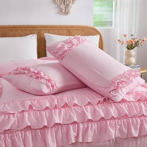 Herside Light Pink Comforter Set King Size,Waterfall Ruffle Shabby Chic Bedding Set,Soft Fluffy Boho Comforter Set for All Season,Vintage Ruffled 3 PCS Lightweight Quilt Set for Women Girls thumbnail 7