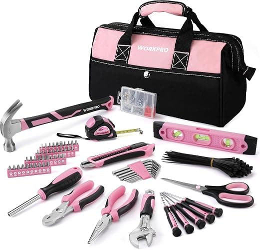 WORKPRO Pink Tool Kit, 263-Piece Home Repairing Tool Set with Wide Mouth Open Storage Bag, Household Tool Kit - Pink Ribbon - Image 1