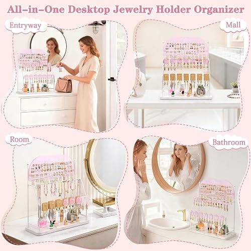 Keebofly Acrylic Earring Organizer Stand with 14 Hooks - Pink | Cute Earring Holder for Girls & Teens, Jewelry Display with 300 Holes & 14 Hooks, Vanity Desk Decor thumbnail 4