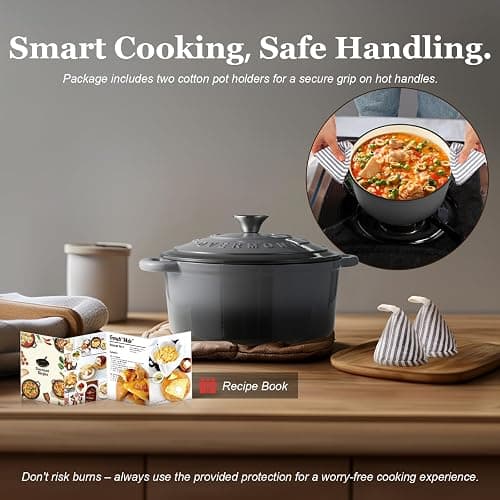 Overmont Enameled Cast Iron Dutch Oven - 7QT Pot with Lid Cookbook & Cotton Potholders - Heavy-Duty Cookware for Braising, Stews, Roasting, Bread Baking grey thumbnail 6