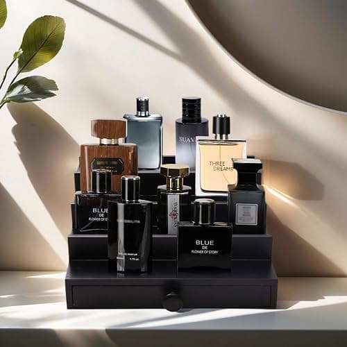 Fengligoo Black Cologne Organizer for Men - 4 Tier Wooden Perfume Display Stand with Drawer and Hidden Compartment for Organizing and Storing, Cologne Holder Shelf for Dresser thumbnail 2
