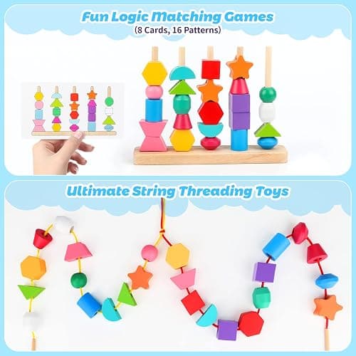 Montessori Wooden Beads Sequencing Toy Set, Stacking Blocks & Lacing Beads & Matching Shape Stacker for 2 3 4 5 Year Old STEM Preschool Learning Montessori Toys Gifts for Kids Boy Girl Toddler thumbnail 5