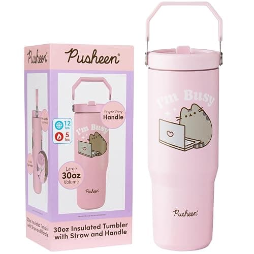 Get Trend Pusheen Tumbler Stainless Steel with Straw 30oz Girls Teens Women Insulated Cup with Lid Travel Mug for School Sports Cute Gifts for Girls (Pink Pusheen) - Image 1