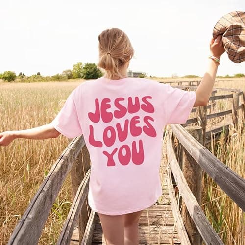 Kelxjia Christian Jesus Shirts for Women Oversized Jesus Loves You Tshirts Religious Faith Shirt Inspirational Graphic Tees thumbnail 5
