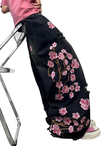 DFGIGT Men's Hip Hop Baggy Jeans Embroidered Wide Leg Skater Jeans Loose Fit Denim Pants Streetwear - Image 1