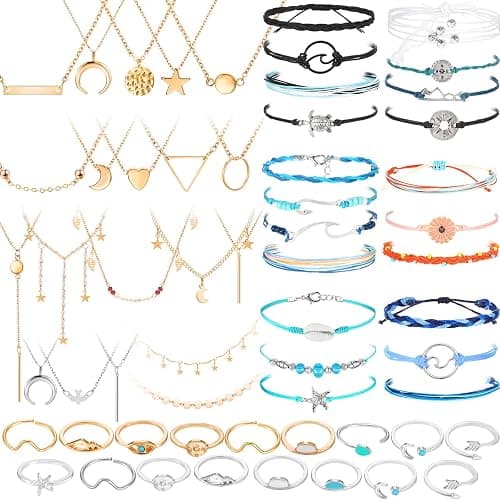 Batiyeer 60 Pcs Boho Surfer Wave Bracelet and Necklace Set for Women, Summer Beach Y2k Layered Choker Anklets Knuckle Rings - Image 1