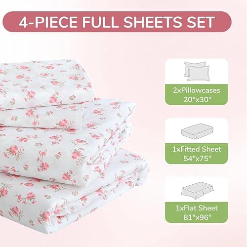 MUXHOMO Full Size 4 Piece Sheet Set, Soft Breathable Bed Sheet Set for Bedroom with Deep Pocket Up to 16", Wrinkle-Free & Cooling Bedding for Oeko-TEX Certified - Blossoms Pink thumbnail 4