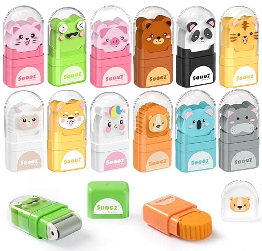 Sooez 12 Pack Pencil Erasers, Cute Animal Eraser with Clean up Roller and Cover, Latex-Free, Bulk Art Drawing Erasers for Students & Teacher Classroom/School Supplies, Party Favor - Image 1