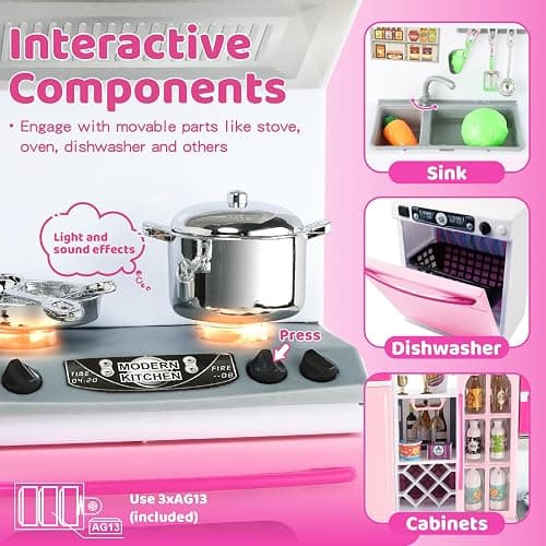 SOCBTNSO 64 PCS Pink Kitchen Toys with Lights Sounds|Mini Kitchen House Furniture Sets for Kids Ages 4-8|Doll Playset Toys for Toddlers 3-5|Birthday Gifts for 3 4 5 6 7 8 Old Girls thumbnail 5