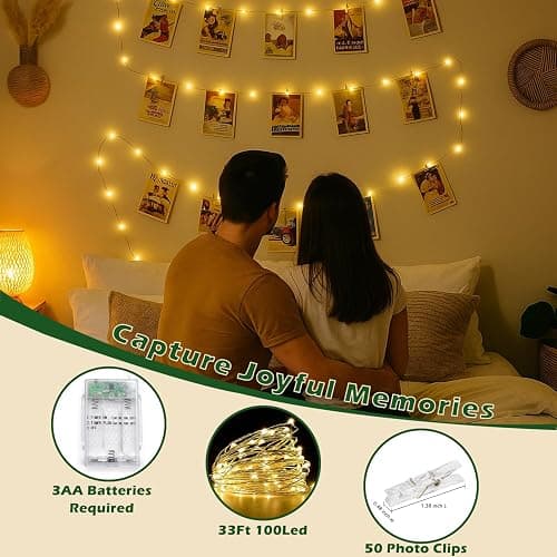 Photo String Lights with Clips for Hanging: 33Ft 100LED & Timer Fairy Light with 50 Clear Clip for Picture Display - Indoor Bedroom Room Dorm Wall Decor - Christmas Party Wedding Romantic Lighting - Warm White - Battery Powered-100LED thumbnail 4