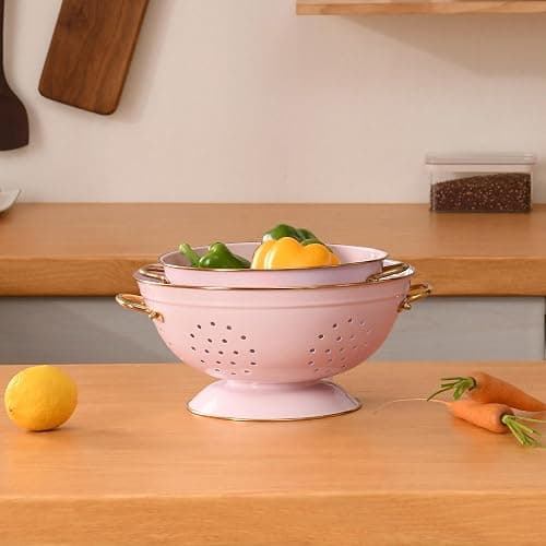 BeFare Metal Colander Set of 2, Strainer Basket with Handles 3.5 & 5 Qt Powder Coated Self-draining Solid Ring Base Metal Large Kitchen Colander Bowel for Pasta Vegetable Fruit (PINK), 2pack thumbnail 7
