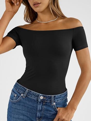Trendy Queen Summer Off The Shoulder Tops for Women Going Out Short Sleeve Shirts Cute Y2K Sexy Basic Clothes 2026 Fashion thumbnail 2