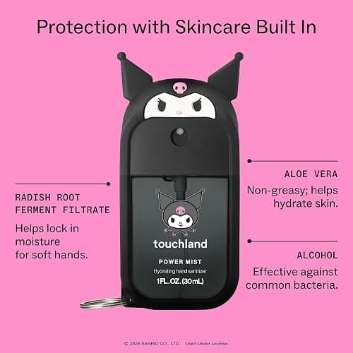 Touchland x Kuromi Hydrating Hand Sanitizer Spray & Case Travel Size | TSA ready Power Mist with skincare benefits. Giftable & collectible set with a bag charm case and Cotton Candy scent. thumbnail 4