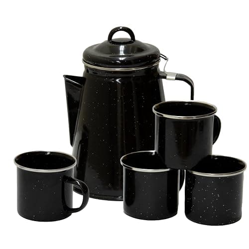 Stansport Enamel 8-Cup Percolator Coffee Pot and 4-Mug Set - Heavy-Duty Campfire Coffee Maker with 12oz Mugs - Percolator Stem Included - Double Baked Enamelware for Camping, Hiking, RV & Cabin - Image 1