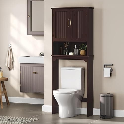 Yaheetech Over The Toilet Storage with 2 Doors & Adjustable Shelf, Free Standing Toilet Rack Wooden Space-saving Collect Cabinet, Bathroom Furniture, 9Dx24.5Wx66H Inches, Espresso thumbnail 2