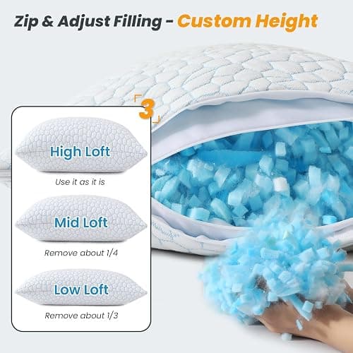 MUXHOMO Memory Foam Pillows Queen Size Set of 4, Cooling Adjustable Shredded with Breathable Cover, Supportive for Side, Back & Stomach Sleepers, White, 20 x 30 Inches thumbnail 2