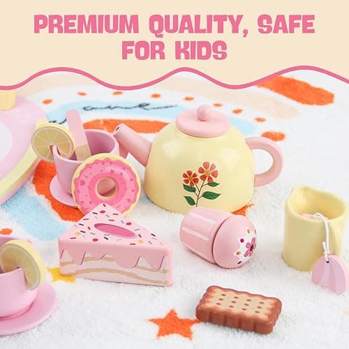 Wooden Tea Party Set for Girls – 16 Pcs Pink Princess Tea Set with Teapot, Cake & Desserts | Pretend Play Kitchen Toys for Toddlers Ages 3-5, Birthday Gift for Kids thumbnail 4