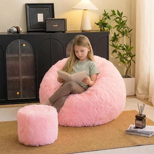 Pink fluffy bean bag chair covers (No Filler), comfy Plush Pink bean bag chair Cover for bedroom, stuffed animal Storage, kids adults teens girls bean bag chairs, Anti-Slip thumbnail 5