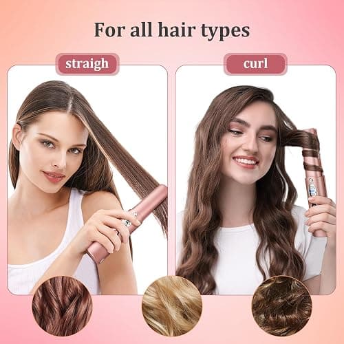 Cordless Titanium Hair Straightener and Curler w Cover, Portable USB Rechargeable Fast Heat Up Flat Iron Travel Size with 5V/5000mAh Battery, Anti-Scald 3-Level for Smooth, Swift and Glossy Hair(Pink thumbnail 3