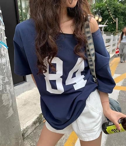 Pinclodly Off The Shoulder Tops for Women Short Sleeve Y2K Jersey Number Graphic Oversized Tshirts E-Girl Tees thumbnail 2