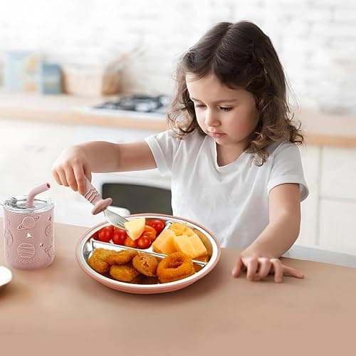 PandaEar 6-in-1 Stainless Steel Baby Feeding Set | Divided Baby Plates with Suction, Toddler Bowl, Sippy Cup with Straw, Baby Bib, Spoon & Fork | BPA-Free Toddler Weaning Set thumbnail 2