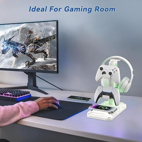 KDD RGB Headphone & Controller Stand with Wireless Charging - Rotatable Headset Stand with 9 Light Modes - Controller Holder with 2 USB and Type C Ports - for Gamers Desktop Accessories(White) thumbnail 7