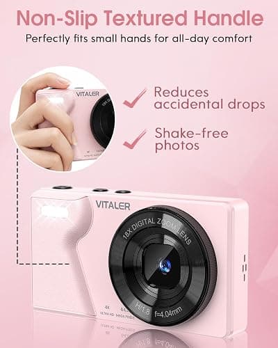 4K Digital Camera with Front Rear Lens, Autofocus and 32G Card, Metal Shell | Built-in 2000mAh Battery, Non-Slip Handle,64MP with Flash, 2.8" Screen, 18X Zoom for Beginner Teens Adult, Party,Travel, Pink thumbnail 6