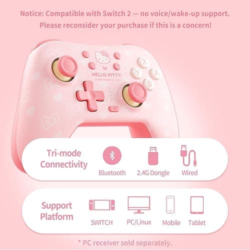 Kuitmor Pink Switch Controller,Hello Kitty Hall Effect Controllers Wireless for Switch 2/1/OLED/Lite,PC,Android,iOS | 2.4G Receiver + Bluetooth,1000mAh Battery,6-Axis Gyro,Dual Vibration,RGB Breathing Light thumbnail 5