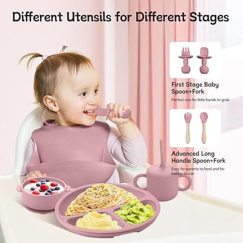 SHGMEET Silikon Baby Geschirrset, Baby-Fütterungsutensilien, Baby-Saugnapf, Teller, Lätzchen, Löffel-Set, Baby-geführtes Entwöhnungszubehör, Spülmaschinenfest (Rosa) - Rosa thumbnail 3