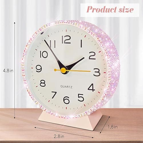 Yivaiks Shiny 4.5" Analog Alarm Clock，Bling Small Silent Retro Desk Clock，Metal Glitter Clock Table Decor for Living Room, Bedroom, Bedside, Shelf (Pink) thumbnail 2