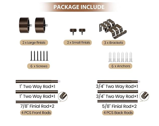 KAMANINA 1" Double Curtain Rods 66-120 Inch, Heavy Duty Dual Rods, Bronze | Adjustable Curtain Rods for Windows, Long Drapery Rods, Easy to Install, No Sagging, with End Caps, for Bedroom, Living Room thumbnail 8