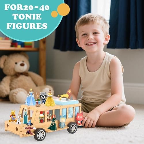 Bus for TonieBox 1/2 Shelf Storage Organizer Holder for Tonies Figures | Wooden Car Shelf Magnetic for Tony Box Display for 35 Tonie Characters(with 35Pcs DIY Magnetic Adhesive Metal Plate) thumbnail 2