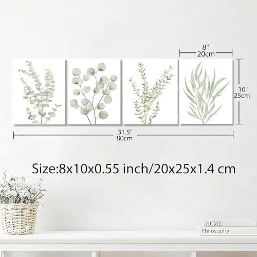 Erctoo Botanical Plant Canvas Wall Art, Framed Boho Wall Decor for Bathroom, Minimalist Aesthetic Bedroom Wall Art, Sage Green Eucalyptus Leaf Prints for Office, Set of 4PCS, 8”X10” thumbnail 6
