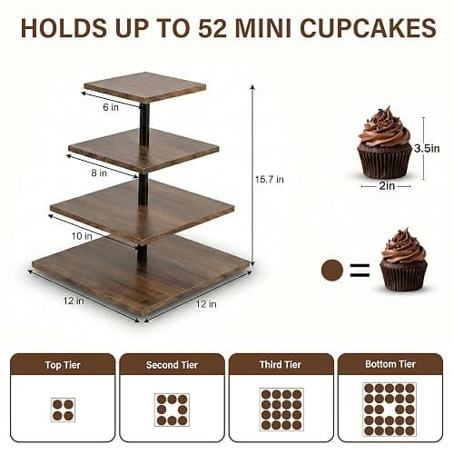 Wooden 2 Pack 4 Tier Cupcake Stand for 50 Cupcakes,Cupcake Holder,Cupcake Tower,Tiered Tray Stand for Birthday Bar Décor Weddings,Parties Events, Dark Brown thumbnail 3