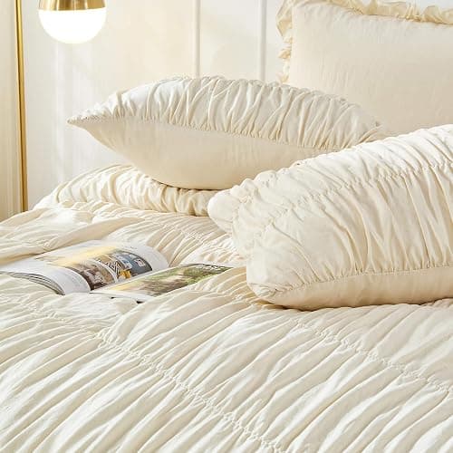Queen Comforter Set - Ruched Comforter Queen Size Bed Set Boho Shabby Chic Bedding for Bedroom Comforter Fluffy 3 Piece Ruffle Comforter Set with Pillow White Bedding Soft thumbnail 5