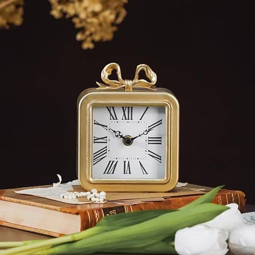 NIKKY HOME Gold Table Clocks, Table Clock Decor with Bow Metal Desk Clock Vintage Desk Clocks Silent Non-Ticking Battery Operated Decorative Shelf Clock for Living Room Bedroom thumbnail 2